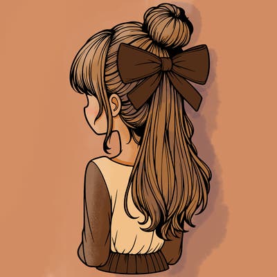realistic girl  with hip length hair a bun and a big bow on the back of head