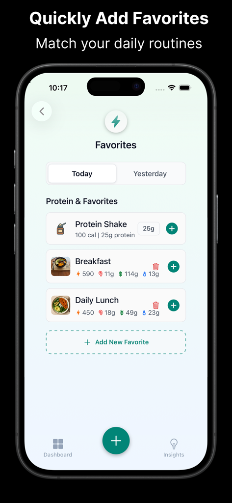 NutriShot AI - Calorie Counter - Tela de favoritos do NutriShot AI para registrar rapidamente refeições e rotinas diárias