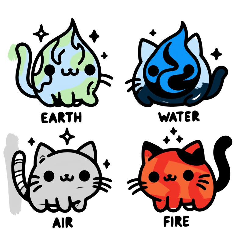 4 cats that represent the different elements, earth, water, air, and fire