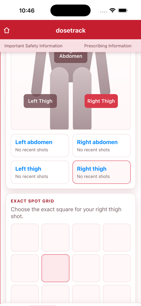 DoseTrack Injection Log - Body diagram and exact spot grid for tracking injection site rotation