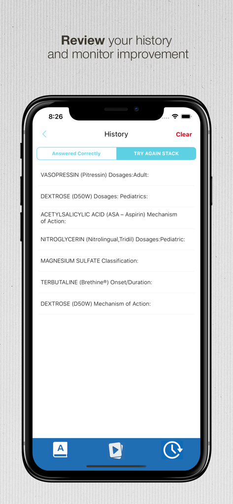 Paramedic Drug List Flashcards - History screen of the EMS Paramedic Drug List app showing a list of reviewed drug flashcards and study progress
