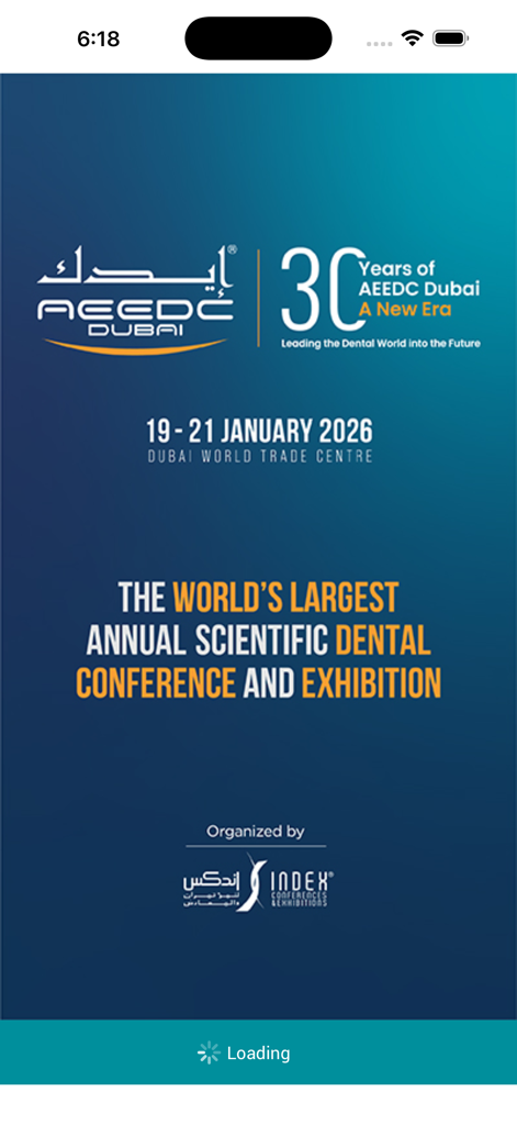 AEEDC 2026 - Splash screen of the AEEDC Dubai 2026 app for the world's largest dental conference and exhibition.
