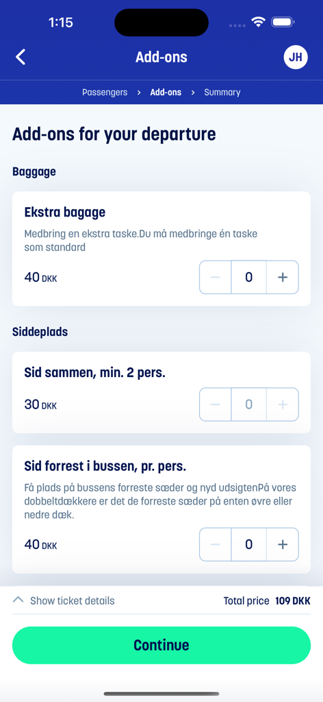 Kombardo Expressen - Booking add-ons screen in the Kombardo Expressen app showing baggage and seating selection options.