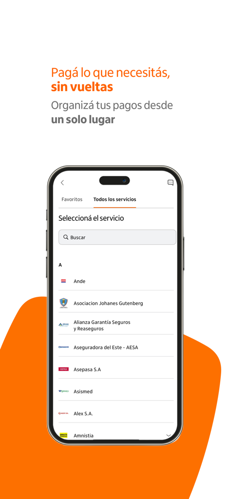 Itaú Paraguay - Pantalla de la aplicación móvil Itaú Paraguay que muestra una lista de servicios locales para facilitar el pago de facturas y transferencias