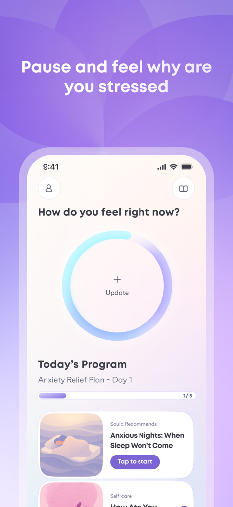Panel de la aplicación Soula AI Therapist que muestra un registro de estado de ánimo y un plan diario de alivio de la ansiedad.