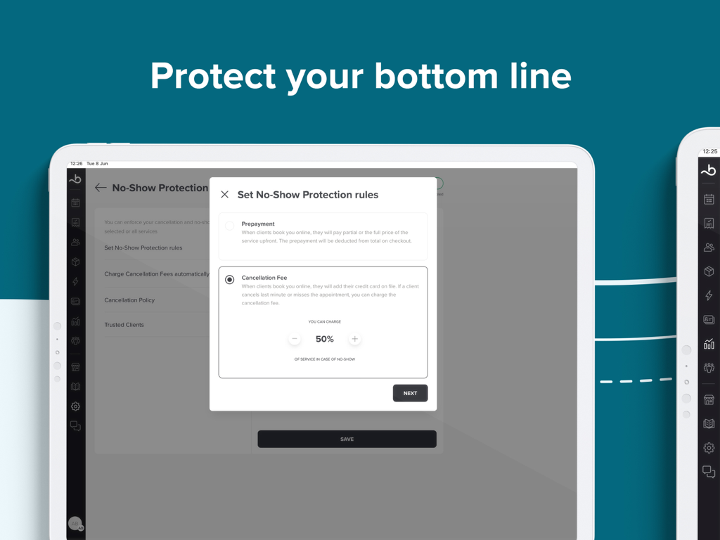 Booksy Biz Pro: Tablet App - Booksy Biz Pro tablet app interface for setting up no-show protection rules and cancellation fees