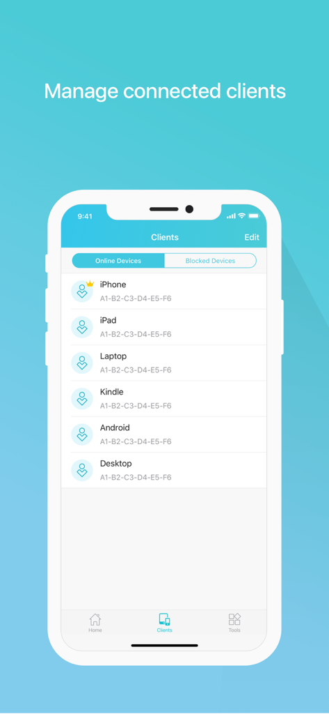 tpMiFi - TP-Link tpMiFiアプリの画面に、ネットワーク管理のためのiPhone、iPad、ラップトップなどの接続済みデバイスのリストを表示