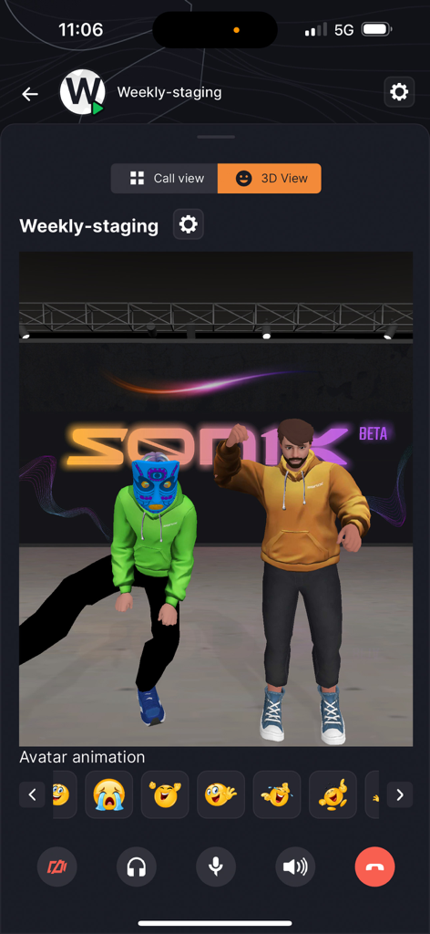 Sonix app interface featuring 3D customizable avatars on a virtual stage with interactive animation controls