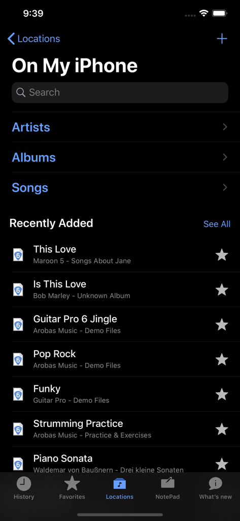 Interface de l'application mobile Guitar Pro montrant la bibliothèque de fichiers locaux et les chansons récemment ajoutées sur un iPhone.