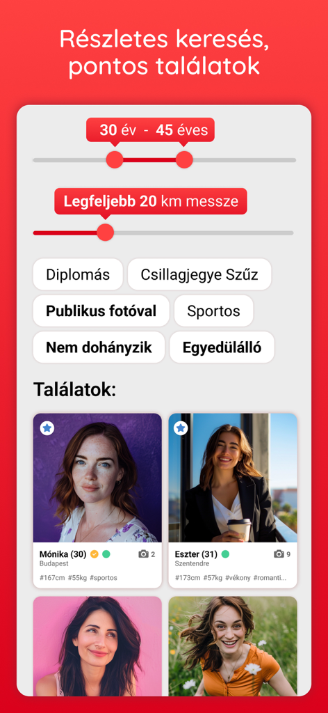 Suchoberfläche der Randivonal-Dating-App mit detaillierten Filtern und Profilergebnissen für ungarische Singles