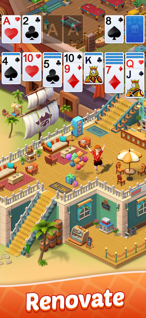 Classic solitaire card game interface overlaying a renovated tropical resort lounge area and coffee shop