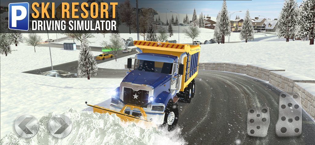 Ski Resort Parking Sim - A blue snow plow truck clearing a snowy road in a ski resort