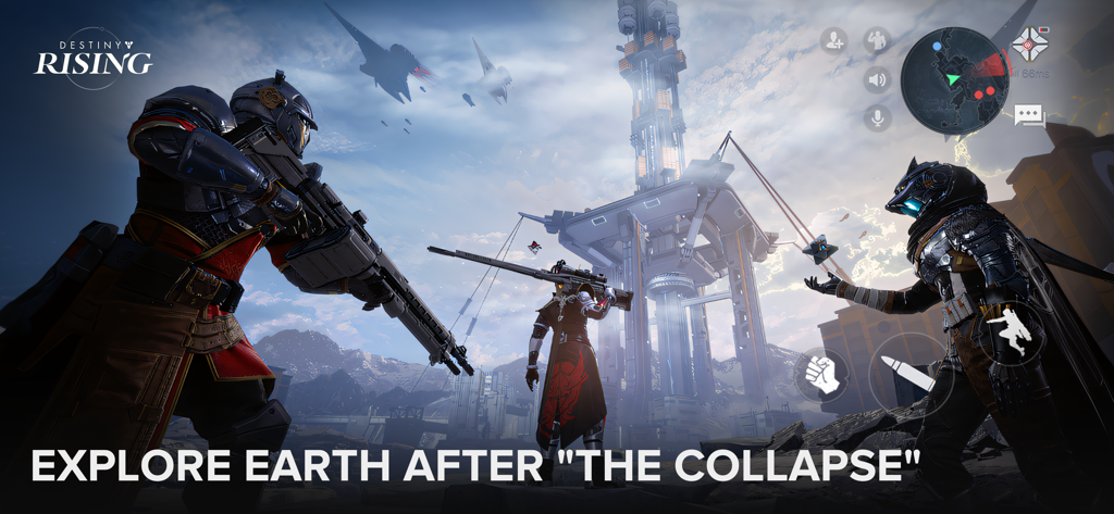 Trois héros légendaires explorant un paysage terrestre futuriste dans Destiny Rising