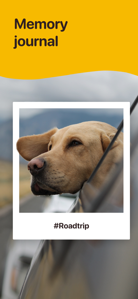 Woofz - Puppy and Dog Training - Woofz app memory journal feature showing a photo of a dog on a road trip