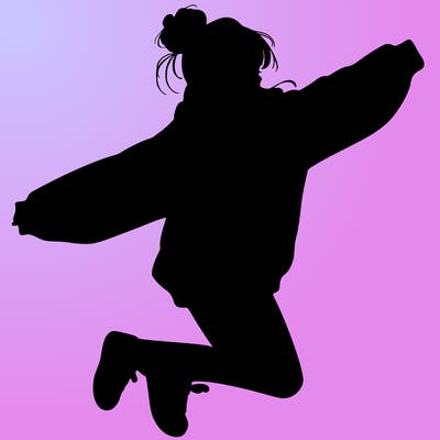 realistic girl jumping with a bun and oversized sweatshirt