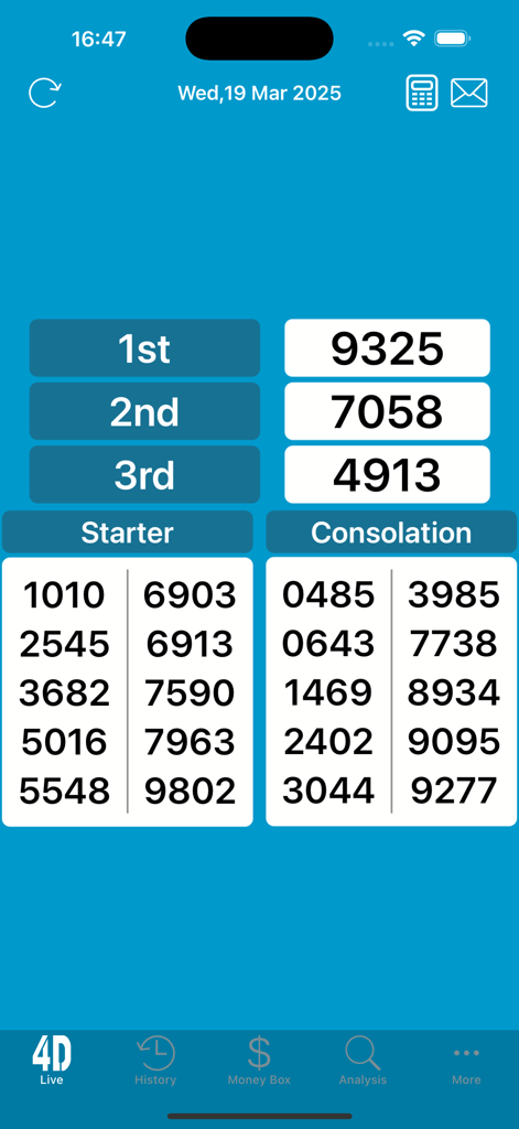 SG Live 4D - Interfaz de la aplicación SG Live 4D mostrando resultados de lotería de Singapur con premios de primer, segundo y tercer lugar