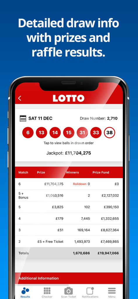 National Lottery Results - Pantalla de resultados del sorteo UK Lotto mostrando los números ganadores y el desglose de premios