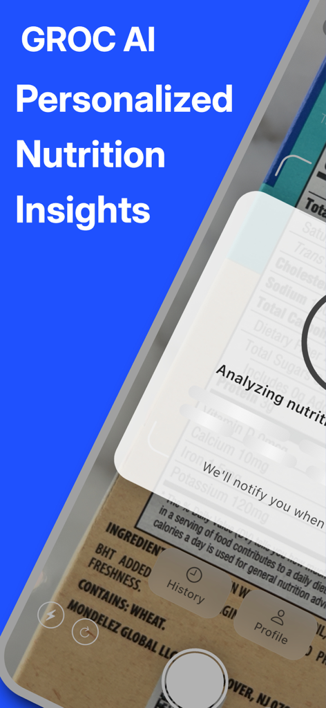 GROC AI - GROC AI mobile app interface scanning a nutrition facts label on a food package for personalized insights
