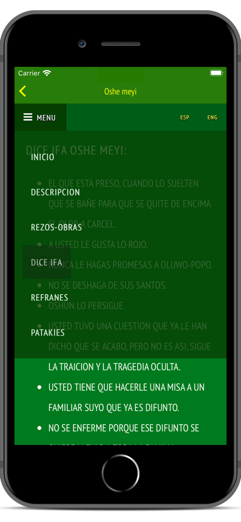 Signos Ifa - Menú de navegación de la aplicación Signos Ifa que muestra categorías para el signo Oshe meyi