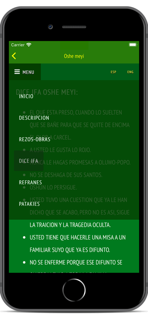 Menú de navegación de la aplicación Signos Ifa que muestra categorías para el signo Oshe meyi