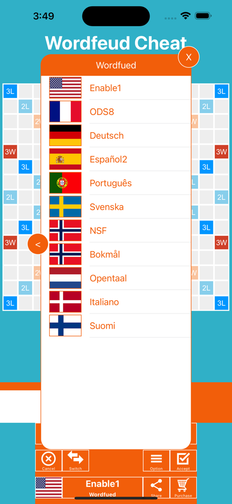 WordFeud Cheat & Helper - Language dictionary selection menu in the WordFeud Cheat and Helper app featuring multiple flags and languages