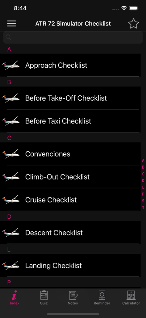 Interface of the ATR 72 Simulator Checklist app displaying various flight phase checklists