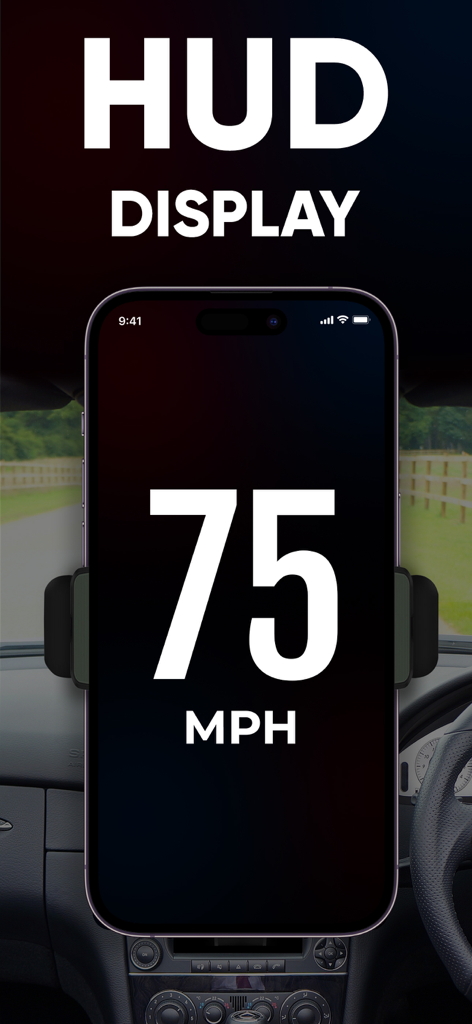 GPS Speedometer- Speed Tracker - Smartphone mostrando 75 MPH em modo de exibição HUD em um carro