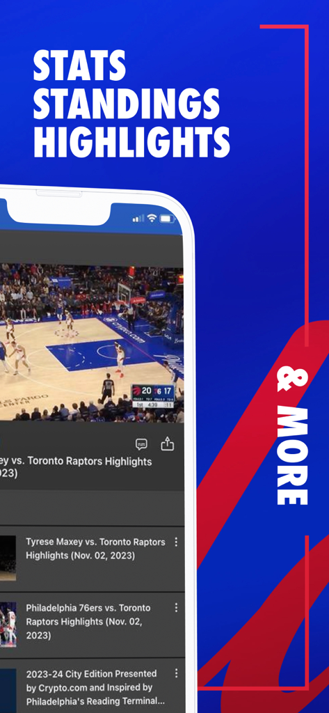 Philadelphia 76ers - Philadelphia 76ers mobile app interface showing video highlights and team stats
