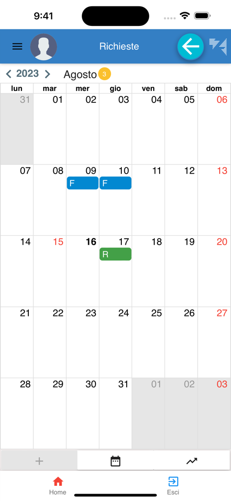 Portale Personale 2.0 - Calendario mensile che mostra gli orari di lavoro dei dipendenti e le richieste di ferie