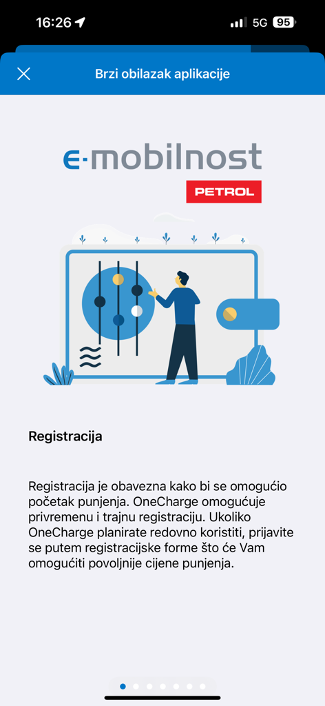 OneCharge HR - OneCharge HR app registration screen with onboarding illustration and Croatian text