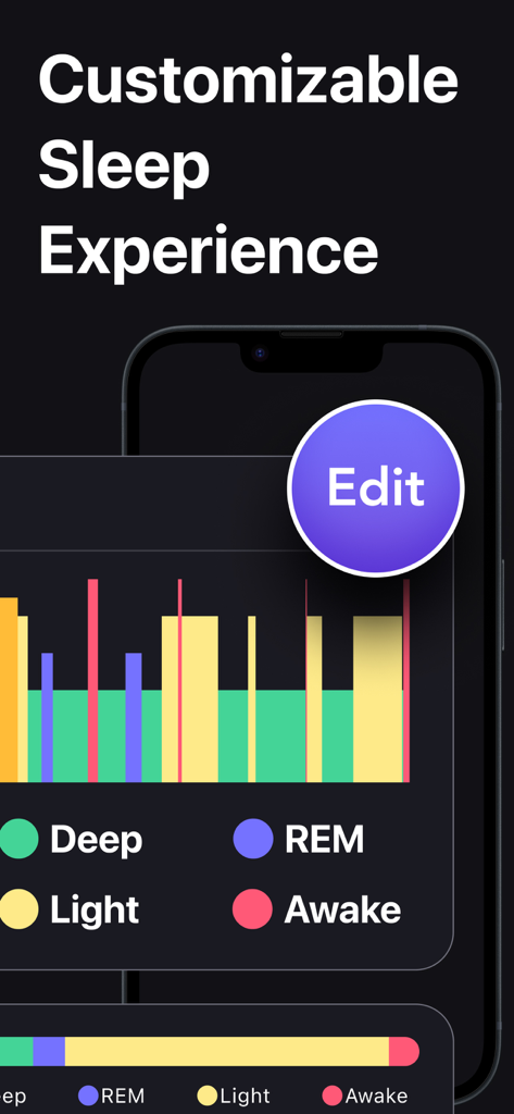 Rem: Auto Sleep Tracker Watch - Smartphone screen showing a customizable sleep pattern diagram with color coded stages for deep, light, rem, and awake sleep.