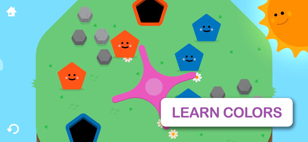 Goodness Shapes Shuffle - Un niño pequeño aprendiendo colores y formas con personajes sonrientes en la aplicación Goodness Shapes Shuffle