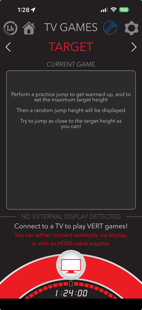 VERT mobile app screen displaying the instructions for the Target jump game mode and options to connect to a TV for interactive training.