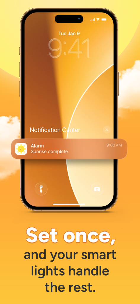 Sunrise Alarm for Smart Lights - iPhone lock screen showing a sunrise alarm notification stating that the sunrise is complete
