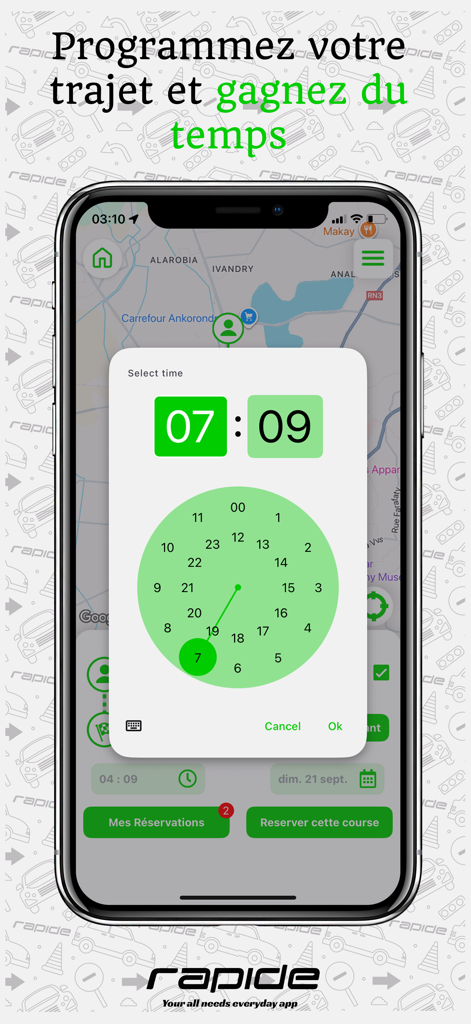 Rapide App - Écran de planification de trajet Rapide App avec sélection de l'heure sur une carte.