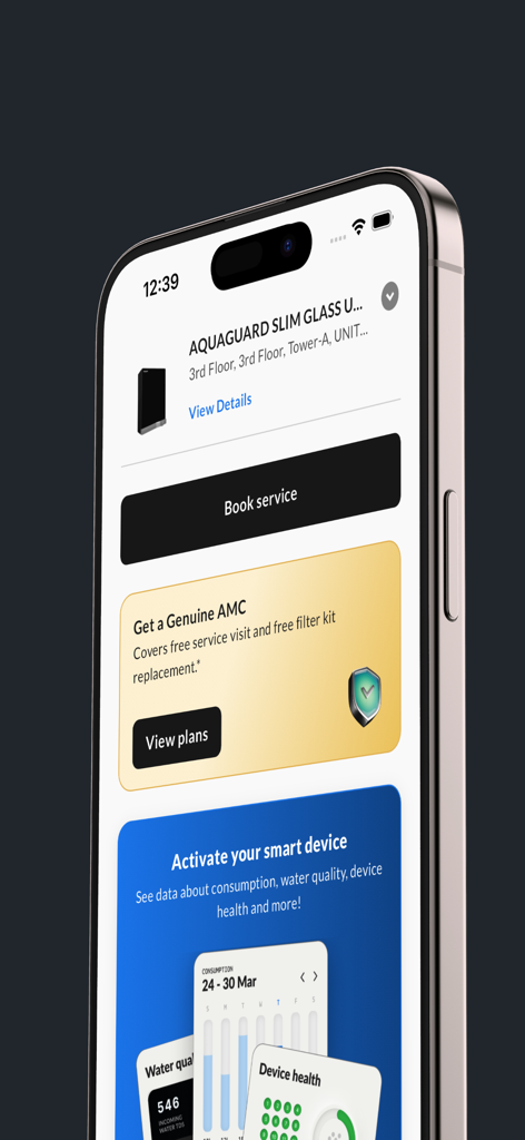 Smartphone screen displaying the Eureka Forbes Aquaguard app interface with options to book service and manage AMC plans.
