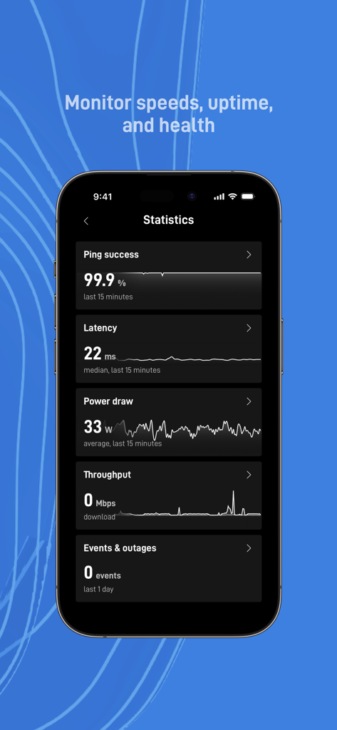 Starlink mobile app interface showing network performance statistics like ping success and latency