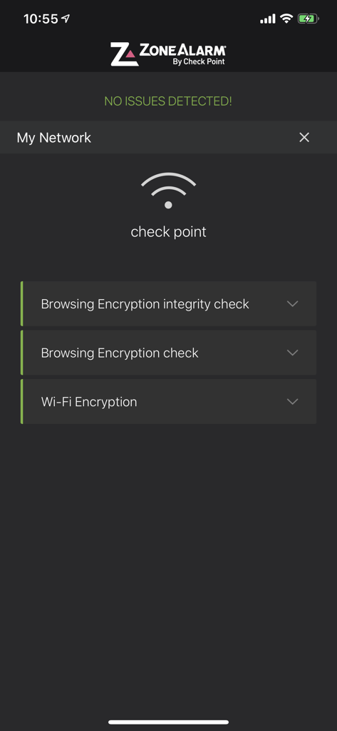 ブラウジングやWi-Fi暗号化ステータスを含むネットワークセキュリティチェックを表示するZoneAlarmアプリのインターフェース