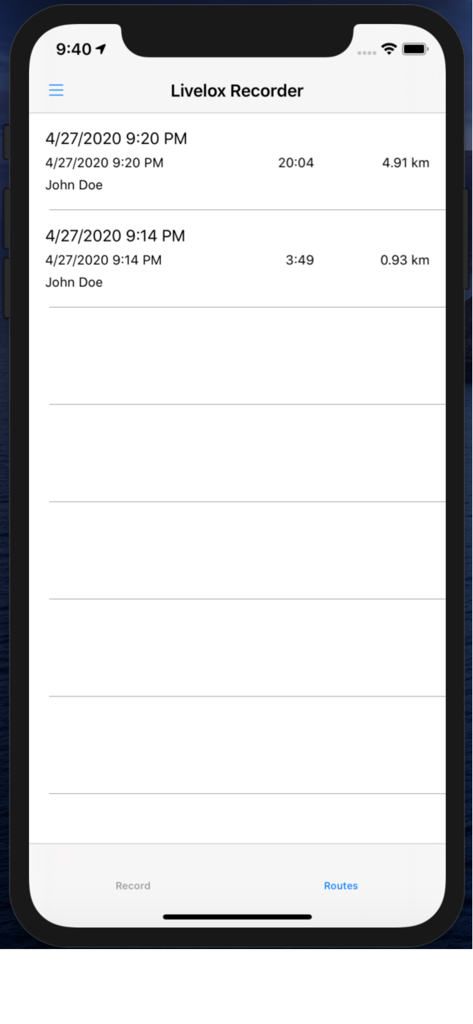 Livelox Recorder - Livelox Recorder app screen showing a list of recorded activities with distance and duration
