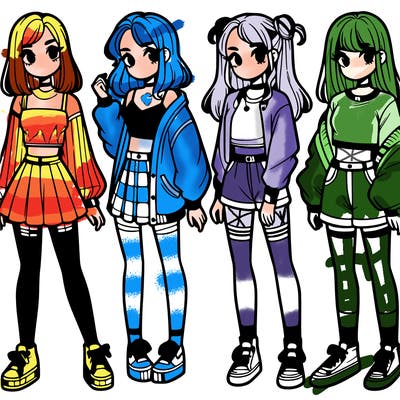 one girl with crop-top shirt and a jacket with a skirt, long socks and another girl with a shirt and pants with a jacket