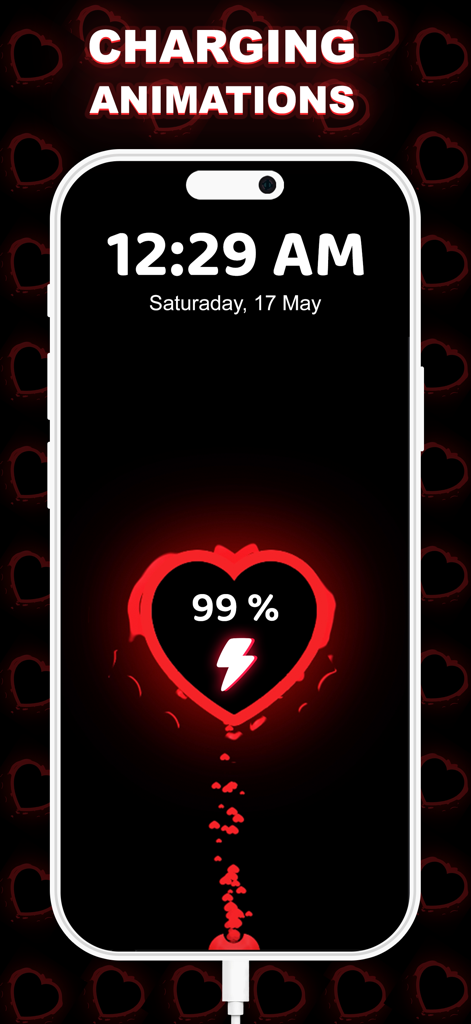 Charging Fun Screen Animation - Tela do iPhone com uma animação de carregamento de coração vermelho e porcentagem da bateria