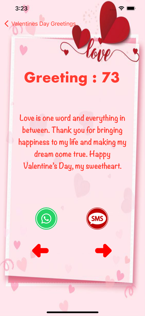 Valentine Day Greetings SMS - A pink Valentine's Day greeting card showing a romantic message with WhatsApp and SMS share buttons
