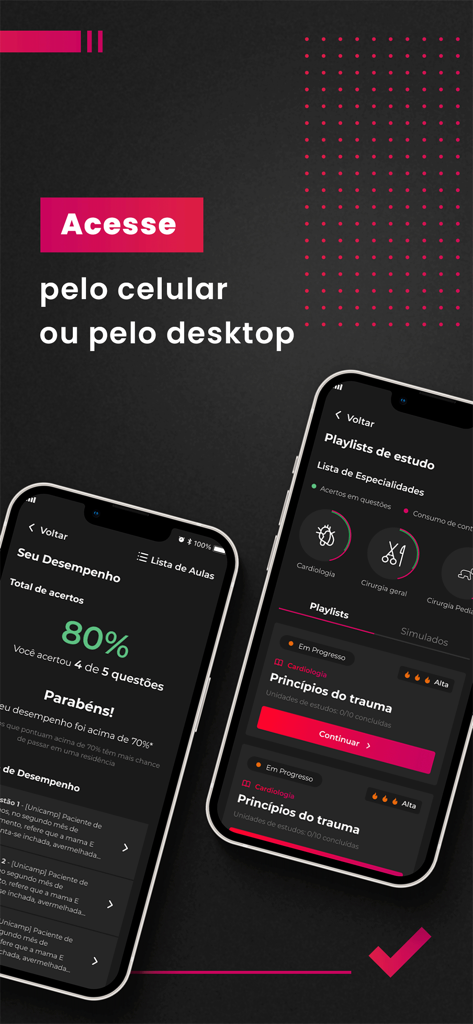 Smartphone screens showing medical study progress and lesson playlists in the Medcel app