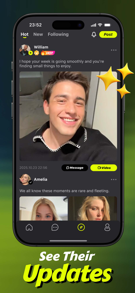 Candy: Video Chat, Meet Friend - Candy app interface showing a social feed with user profile updates and video chat options