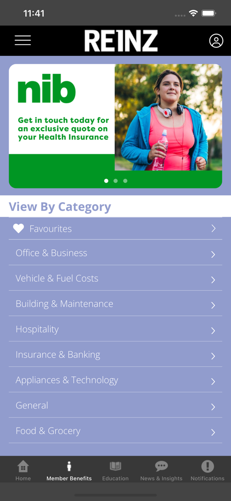 REINZ - REINZ mobile app member benefits page showing shopping discount categories