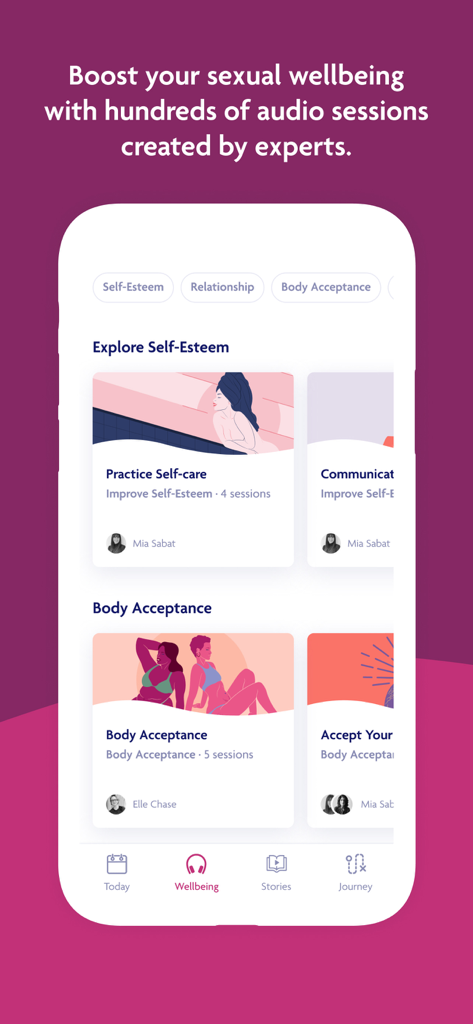 Emjoy - Female wellcare - Interfaz de la aplicación Emjoy que muestra sesiones de bienestar de audio para la autoestima y la aceptación corporal.