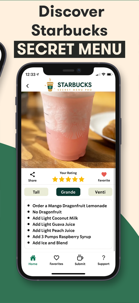 Starbucks-Inspired Secret Menu - Interfaccia di app mobile che mostra una ricetta di bevanda segreta rosa con istruzioni di personalizzazione specifiche per una bevanda Starbucks
