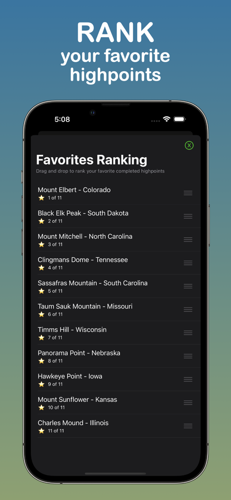 Highpointer - Favorites Ranking screen in the Highpointer app showing a personalized list of completed US state highpoints.