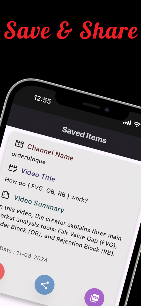 TubeAI: Summarizer for YouTube - Un teléfono inteligente que muestra la pantalla de elementos guardados en la aplicación TubeAI, mostrando un video de YouTube resumido con opciones para compartir y exportar a PDF