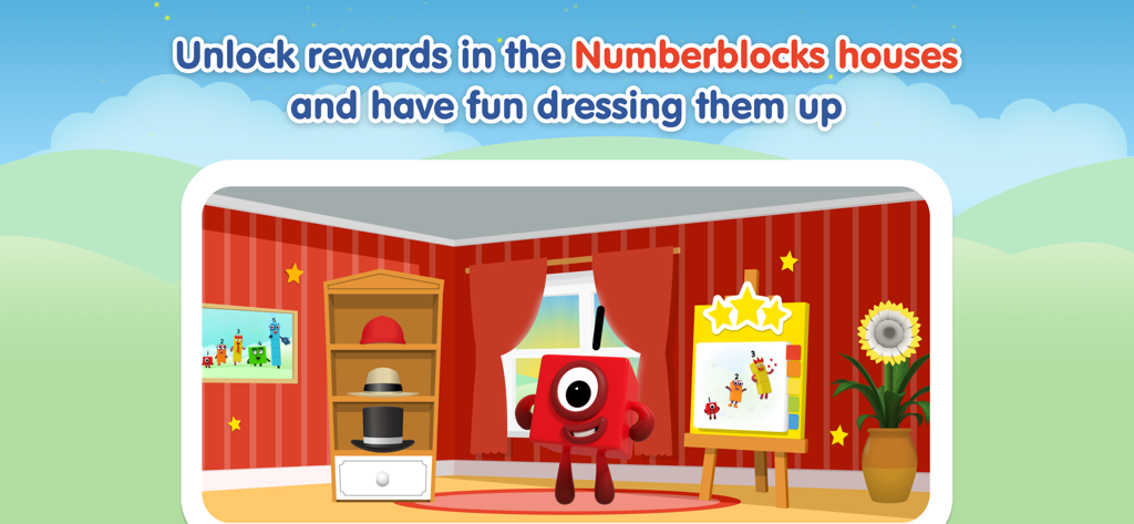Numberblocks World - Un personaje de Numberblock rojo parado en una habitación decorada con sombreros en un estante y un caballete de dibujo